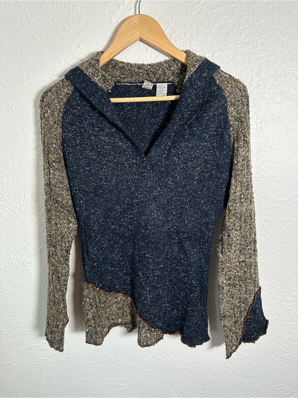 BKE Mock Hooded Knit Sweater Womens Small Blue Marled Boho Lightweight Pullover